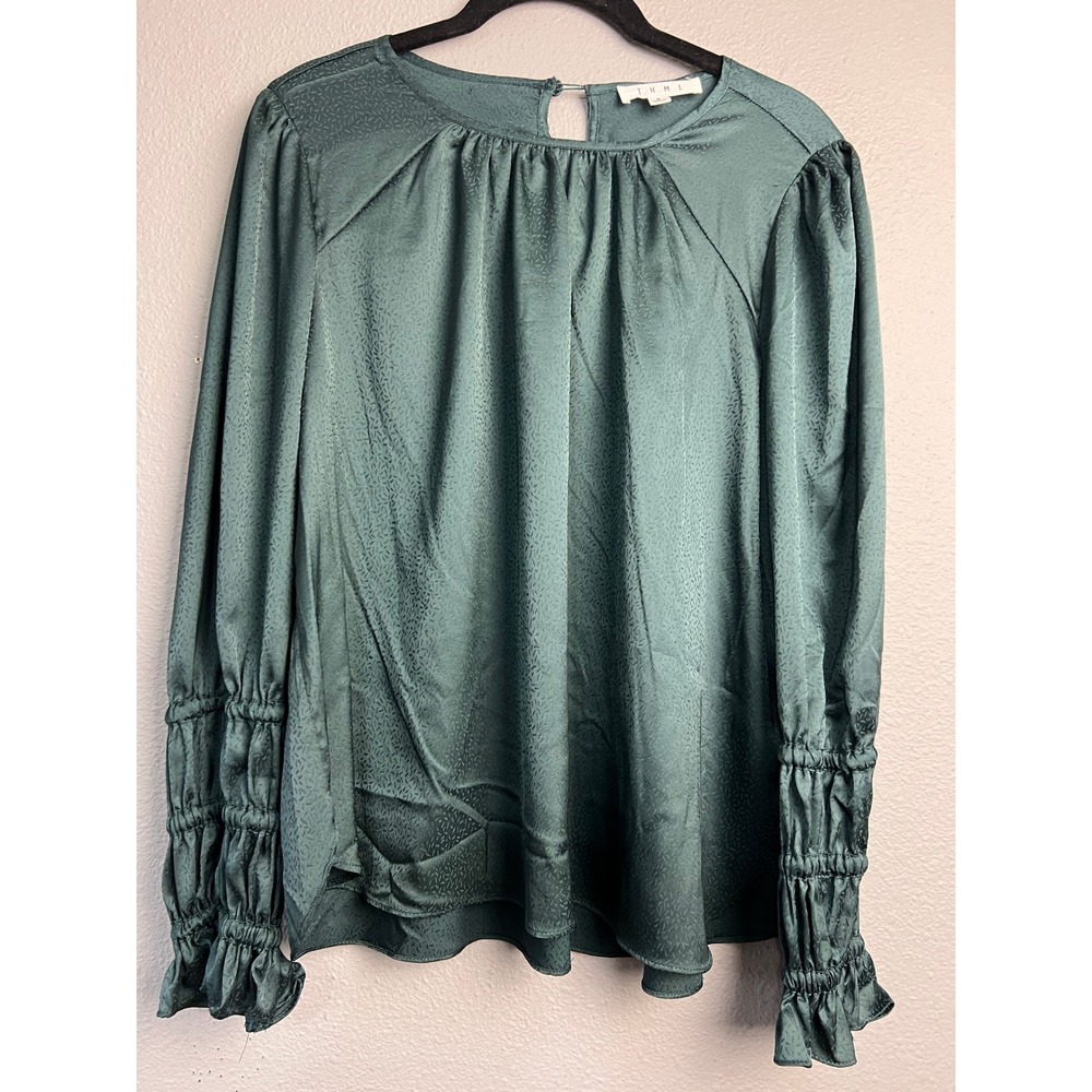 THML Boutique Sm Emerald Green‎ Jacquard Smocked Ruffle Cuff Long Sleeve Blouse